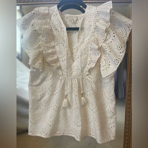 Nicole Miller Artelier Ivory Cotton Eyelet Lace V-Neck Short Sleeve Top Sz S